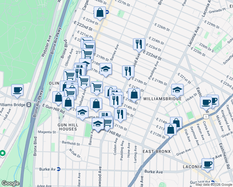 map of restaurants, bars, coffee shops, grocery stores, and more near 874 East 216th Street in Bronx