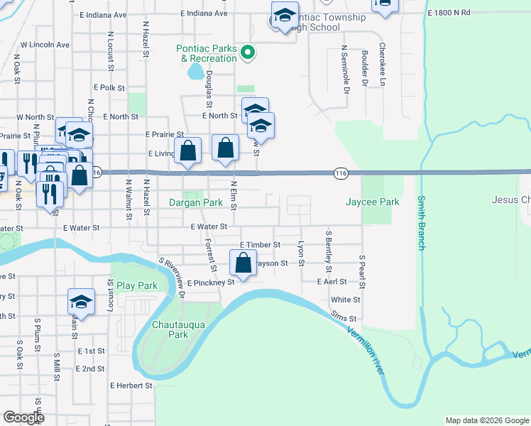 map of restaurants, bars, coffee shops, grocery stores, and more near 934 East Washington Street in Pontiac