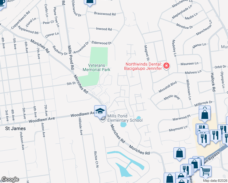 map of restaurants, bars, coffee shops, grocery stores, and more near 505 Flair Court West in Saint James