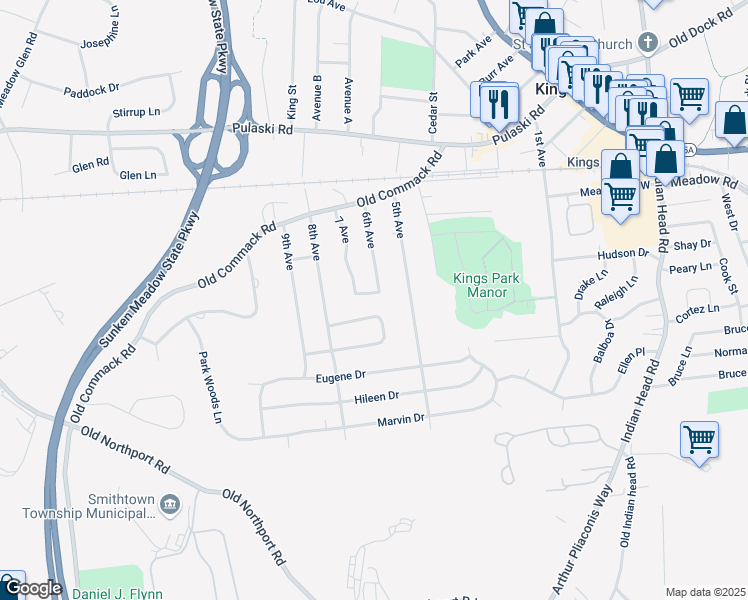 map of restaurants, bars, coffee shops, grocery stores, and more near 75 6th Avenue in Kings Park