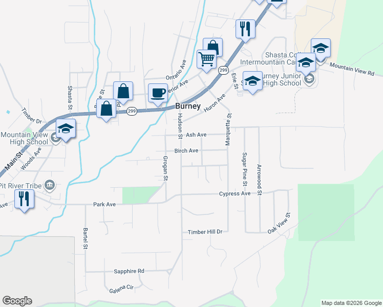 map of restaurants, bars, coffee shops, grocery stores, and more near 37325 Birch Avenue in Burney