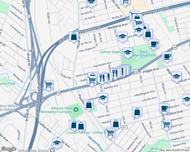 map of restaurants, bars, coffee shops, grocery stores, and more near 14 Rollins Avenue in Clifton