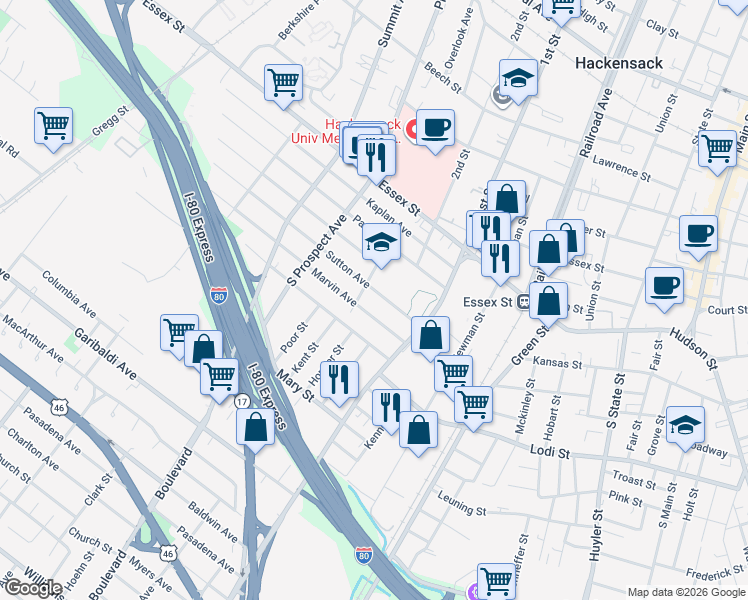 map of restaurants, bars, coffee shops, grocery stores, and more near 279 Sutton Ave in Hackensack