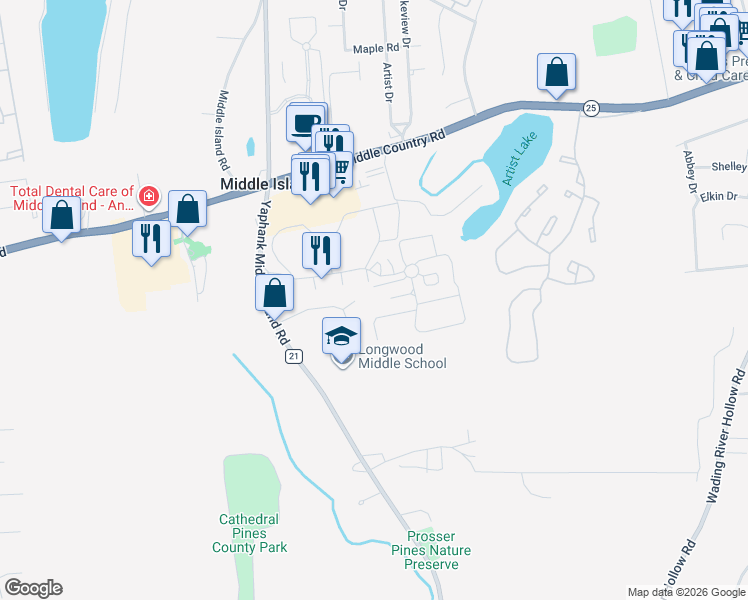map of restaurants, bars, coffee shops, grocery stores, and more near 294 Artist Lake Drive in Middle Island