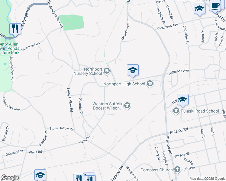 map of restaurants, bars, coffee shops, grocery stores, and more near 102 Laurel Hill Road in Northport