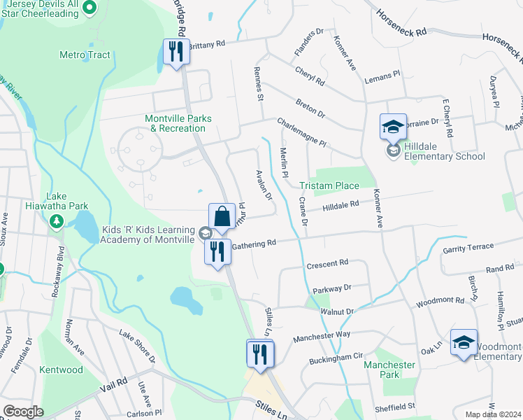 map of restaurants, bars, coffee shops, grocery stores, and more near 11 Avalon Drive in Montville