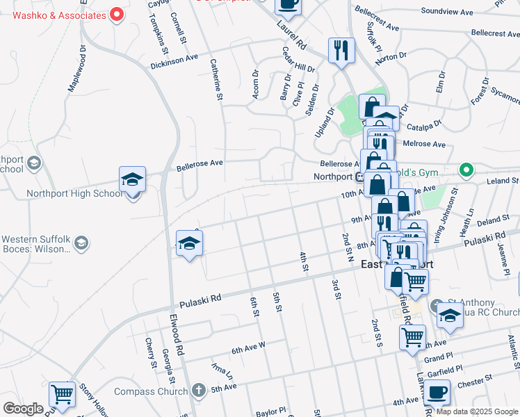 map of restaurants, bars, coffee shops, grocery stores, and more near 6 Lexington Court in East Northport