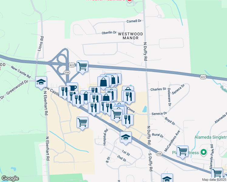 map of restaurants, bars, coffee shops, grocery stores, and more near 750 Butler Crossing in Butler