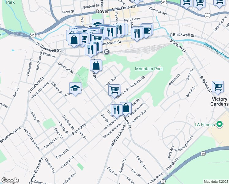 map of restaurants, bars, coffee shops, grocery stores, and more near 18 New Street in Dover
