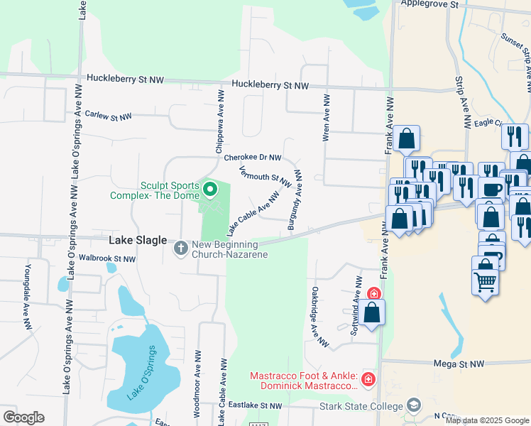 map of restaurants, bars, coffee shops, grocery stores, and more near 5407 Chianti Street Northwest in North Canton