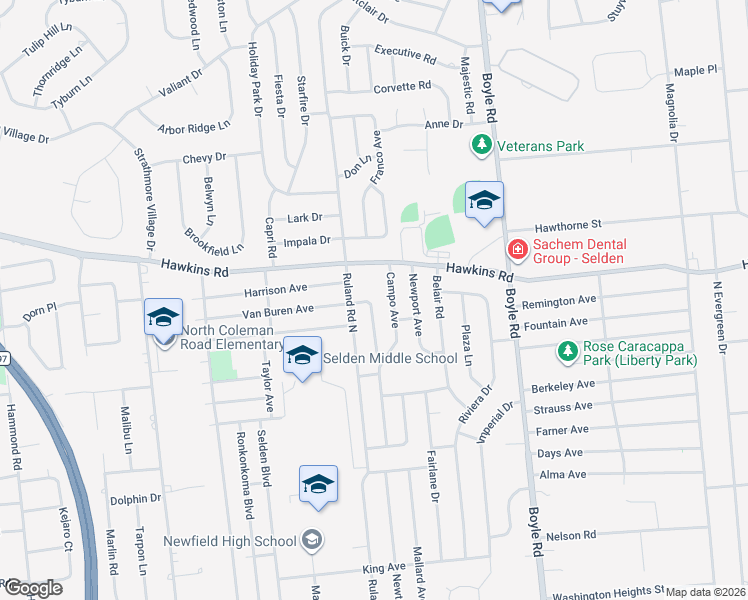 map of restaurants, bars, coffee shops, grocery stores, and more near 63 Newton Avenue in Selden