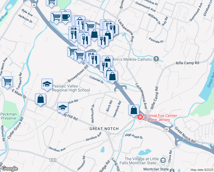 map of restaurants, bars, coffee shops, grocery stores, and more near 10 Connors Road in Little Falls