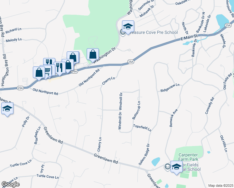 map of restaurants, bars, coffee shops, grocery stores, and more near 65 Windmill Drive in Huntington