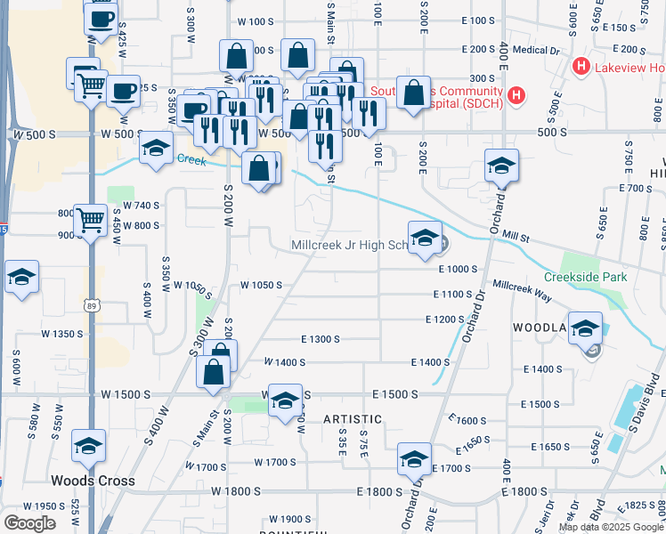 map of restaurants, bars, coffee shops, grocery stores, and more near 7 E 1000 S in Bountiful