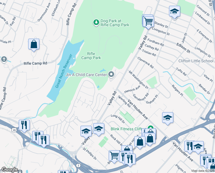 map of restaurants, bars, coffee shops, grocery stores, and more near 610 Valley Road in Clifton