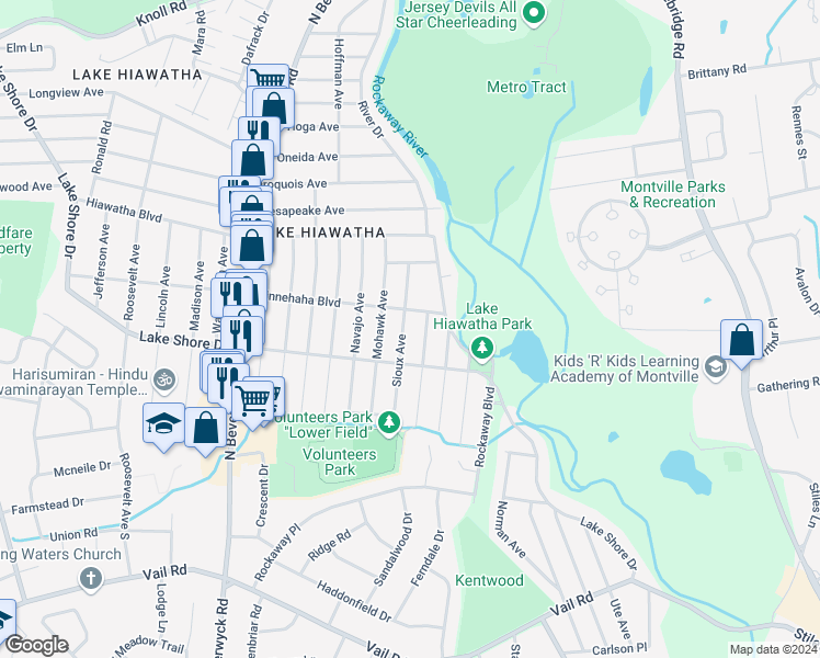 map of restaurants, bars, coffee shops, grocery stores, and more near 24 Sioux Avenue in Parsippany-Troy Hills