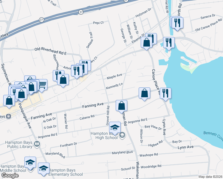 map of restaurants, bars, coffee shops, grocery stores, and more near 6 Kennedy Ln in Hampton Bays
