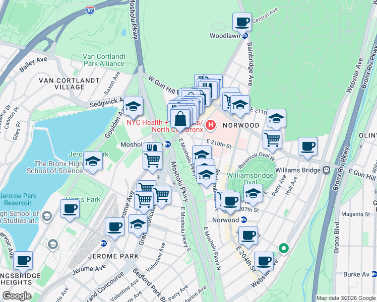 map of restaurants, bars, coffee shops, grocery stores, and more near 46 East 208th Street in Bronx