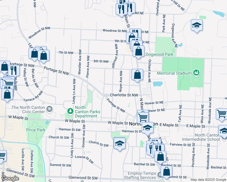 map of restaurants, bars, coffee shops, grocery stores, and more near 340 Hillcrest Avenue Northwest in North Canton