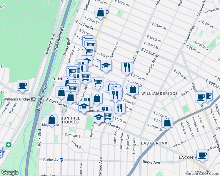 map of restaurants, bars, coffee shops, grocery stores, and more near 837 East 215th Street in Bronx
