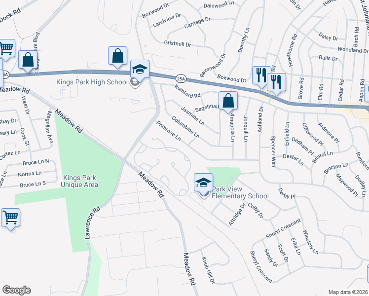 map of restaurants, bars, coffee shops, grocery stores, and more near 48 Primrose Lane in Kings Park