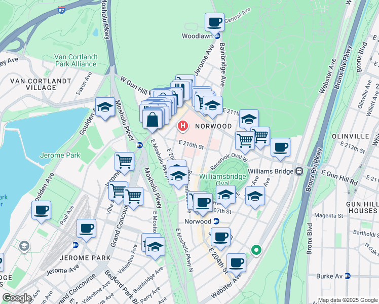 map of restaurants, bars, coffee shops, grocery stores, and more near 3348 Rochambeau Avenue in Bronx