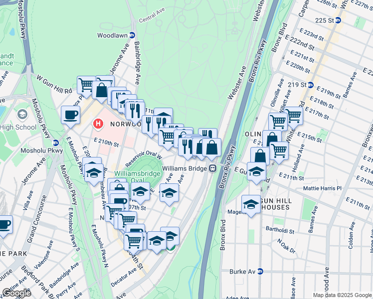 map of restaurants, bars, coffee shops, grocery stores, and more near 3511 Hull Avenue in Bronx