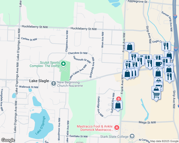 map of restaurants, bars, coffee shops, grocery stores, and more near 6777 Burgundy Avenue Northwest in North Canton