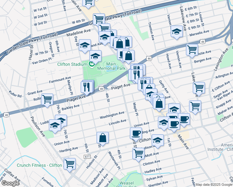 map of restaurants, bars, coffee shops, grocery stores, and more near 82 Barkley Avenue in Clifton