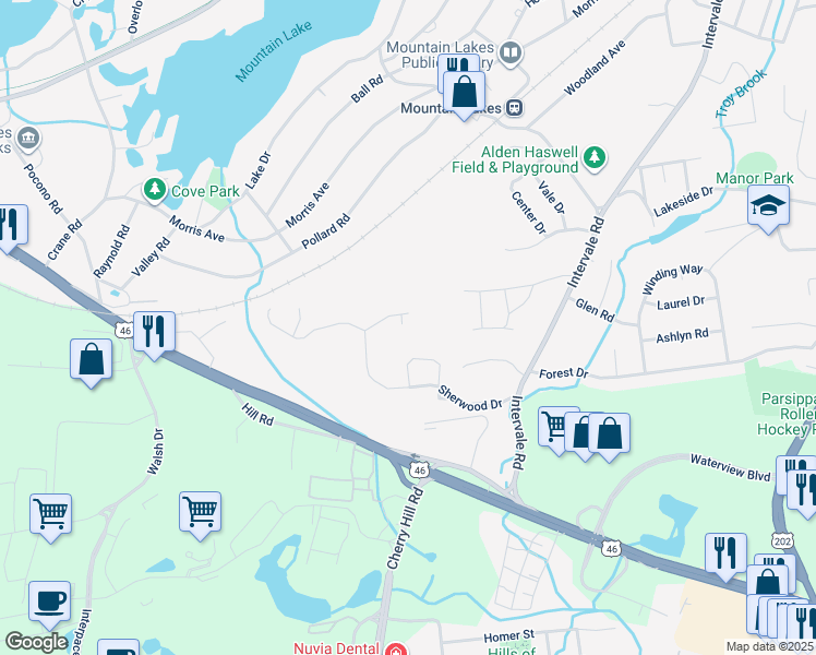 map of restaurants, bars, coffee shops, grocery stores, and more near 17 Robinhood Drive in Mountain Lakes