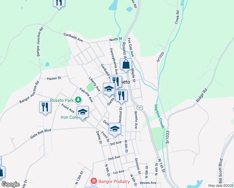 map of restaurants, bars, coffee shops, grocery stores, and more near 33 Dante Street in Roseto