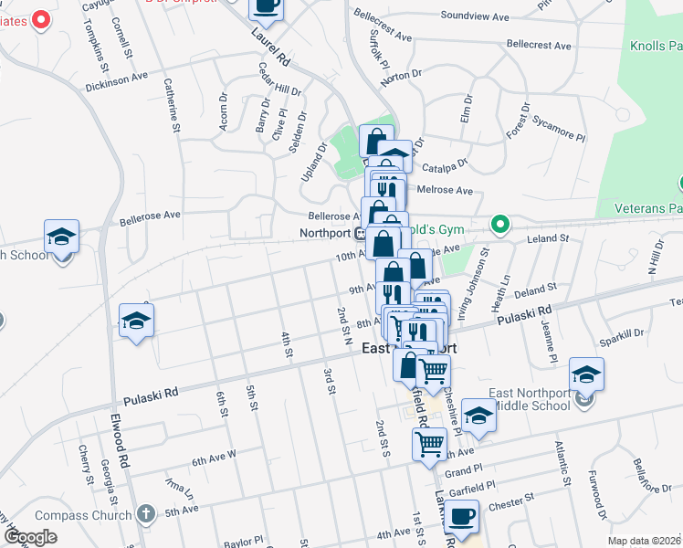 map of restaurants, bars, coffee shops, grocery stores, and more near 910 2nd Street North in East Northport