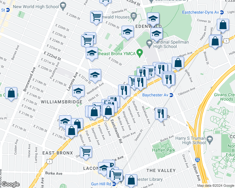 map of restaurants, bars, coffee shops, grocery stores, and more near 3545 Tiemann Avenue in Bronx