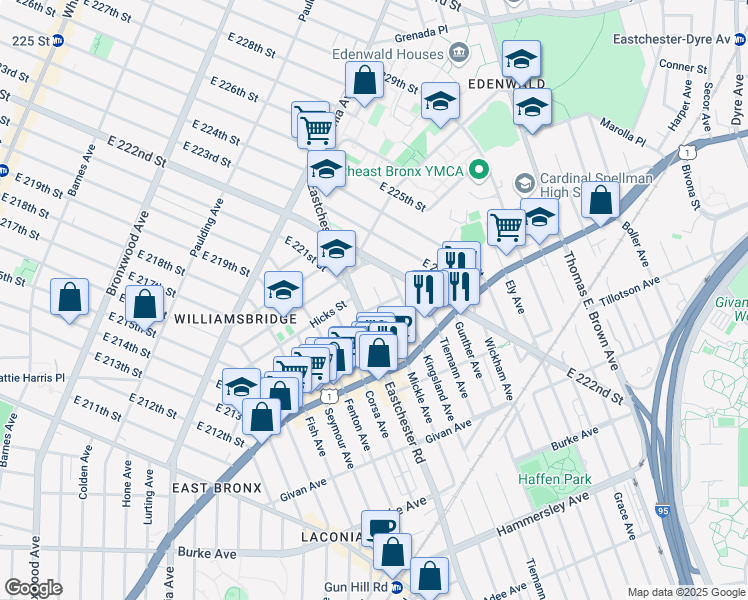 map of restaurants, bars, coffee shops, grocery stores, and more near 1601 Chester Street in Bronx