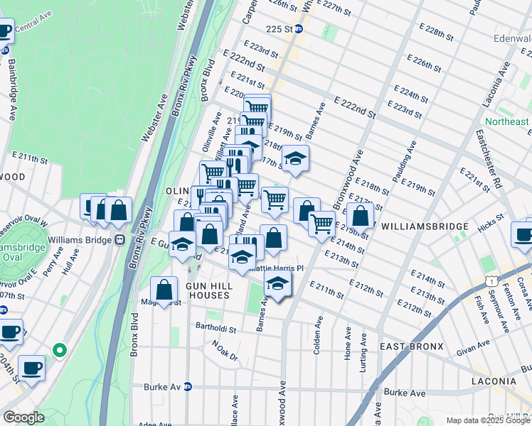 map of restaurants, bars, coffee shops, grocery stores, and more near 753 East 214th Street in Bronx