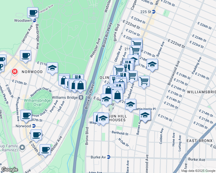map of restaurants, bars, coffee shops, grocery stores, and more near 3559 Olinville Avenue in Bronx