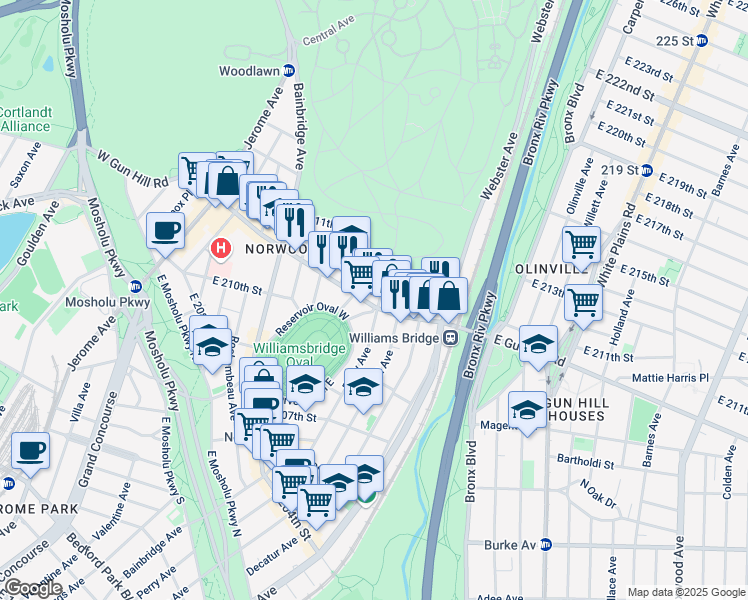 map of restaurants, bars, coffee shops, grocery stores, and more near 275c East Gun Hill Road in Bronx