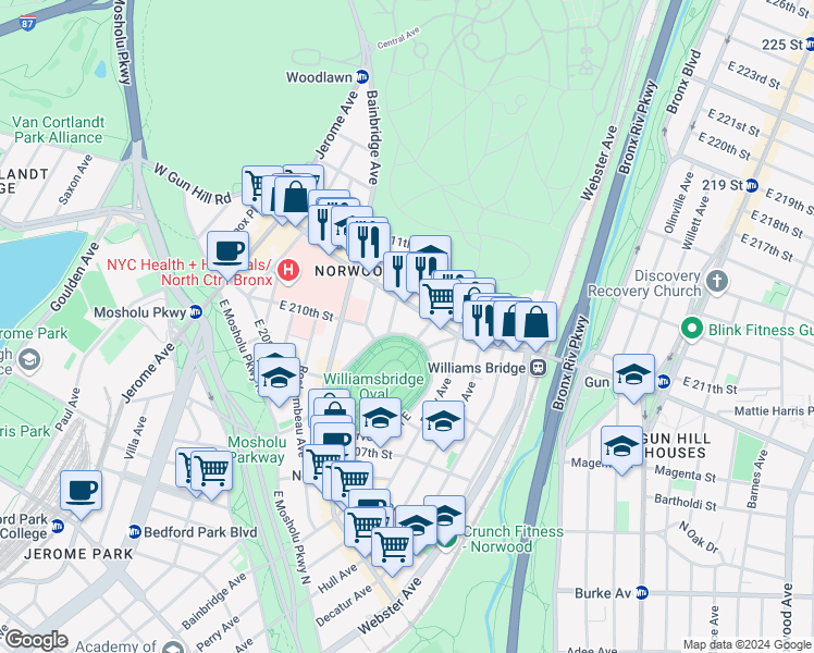 map of restaurants, bars, coffee shops, grocery stores, and more near 3395 Reservoir Oval West in The Bronx