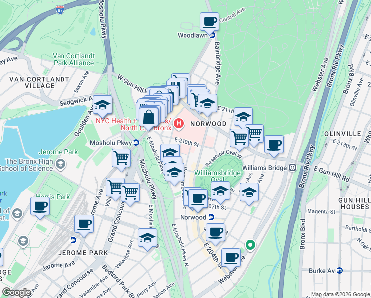 map of restaurants, bars, coffee shops, grocery stores, and more near Steuben Avenue in Bronx