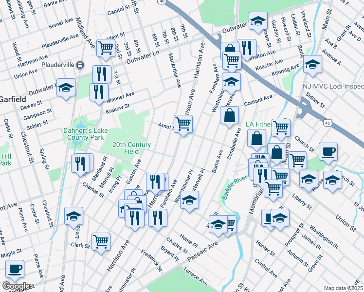map of restaurants, bars, coffee shops, grocery stores, and more near 399 Harrison Avenue in Garfield
