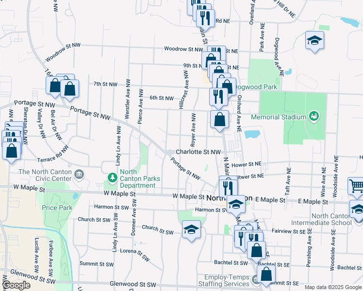 map of restaurants, bars, coffee shops, grocery stores, and more near 340 Hillcrest Avenue Northwest in North Canton
