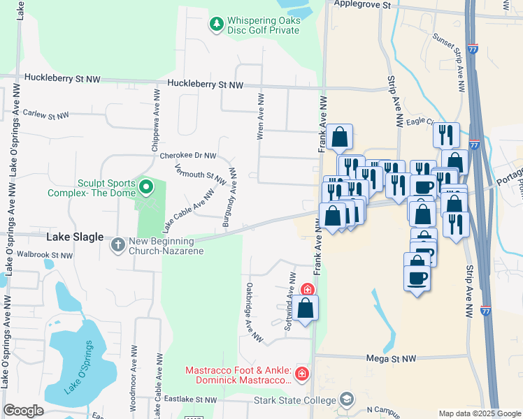 map of restaurants, bars, coffee shops, grocery stores, and more near 5231 Portage Street Northwest in North Canton
