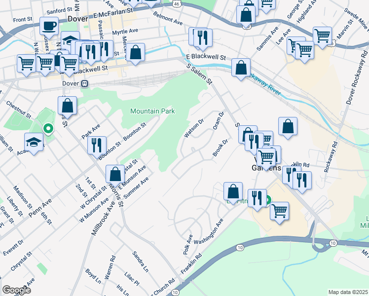 map of restaurants, bars, coffee shops, grocery stores, and more near 122 Watson Drive in Dover