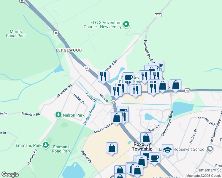map of restaurants, bars, coffee shops, grocery stores, and more near 1174 U.S. 46 in Roxbury Township