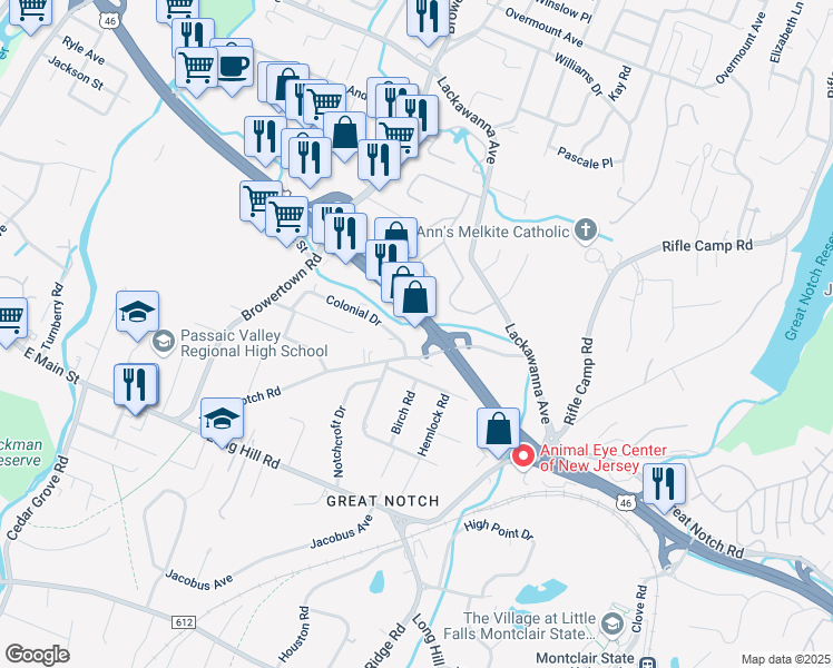 map of restaurants, bars, coffee shops, grocery stores, and more near 555 U.S. 46 in Little Falls