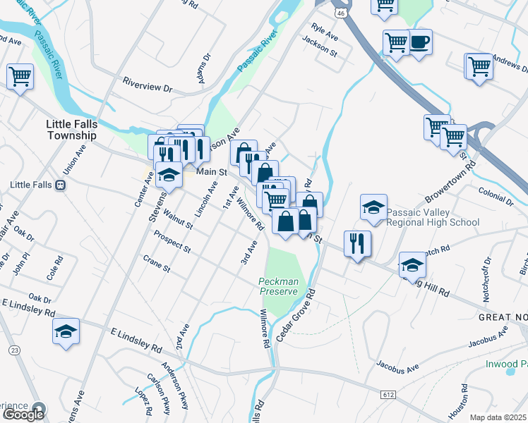 map of restaurants, bars, coffee shops, grocery stores, and more near 45 E Main St in Little Falls