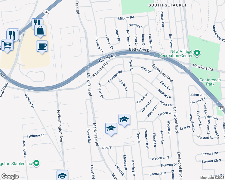 map of restaurants, bars, coffee shops, grocery stores, and more near 5 Kim Court in Centereach