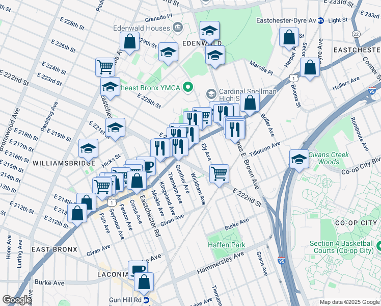 map of restaurants, bars, coffee shops, grocery stores, and more near 3636 Boston Road in Bronx