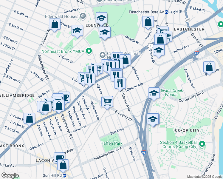 map of restaurants, bars, coffee shops, grocery stores, and more near 3421 Edson Avenue in Bronx