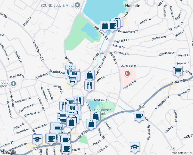 map of restaurants, bars, coffee shops, grocery stores, and more near 100 New York Avenue in Halesite